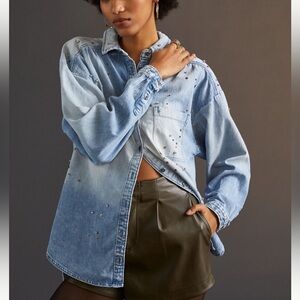 Anthropologie Pilcro Denim Embellished button up shirt size S EUC